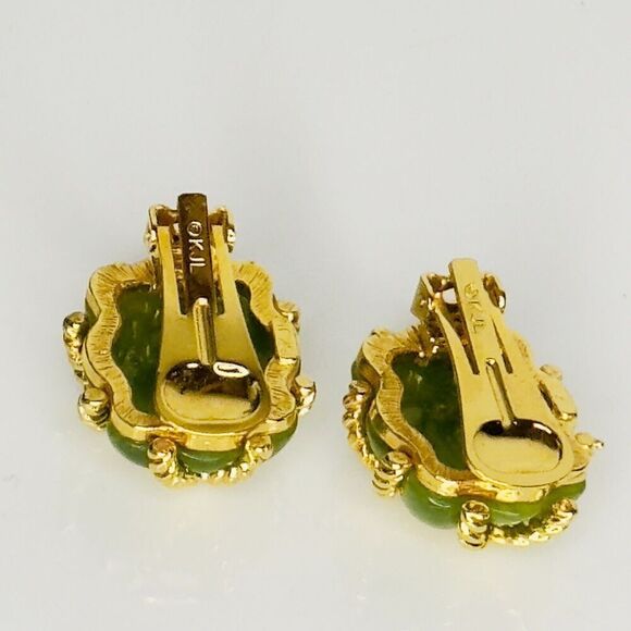 Vintage KJL Kenneth J Lane Earrings Gold Rope Quilted Green Lucite Clip On 1133 - Picture 6 of 15